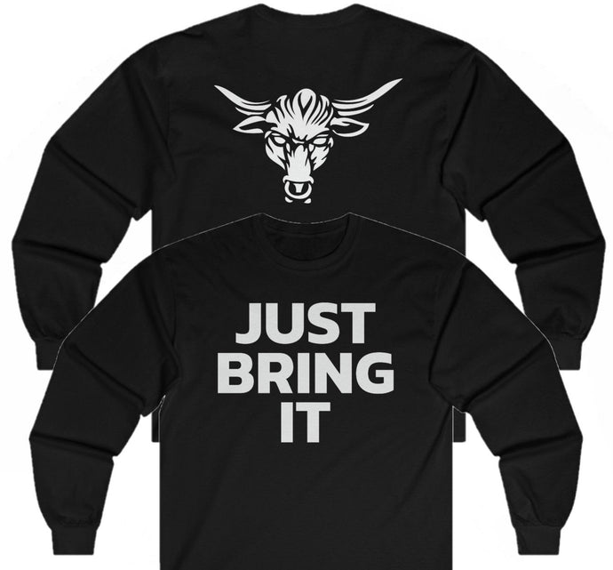 The Rock Just Bring It White Logo Brahma Bull Long Sleeve T-shirt by WWE | Extreme Wrestling Shirts