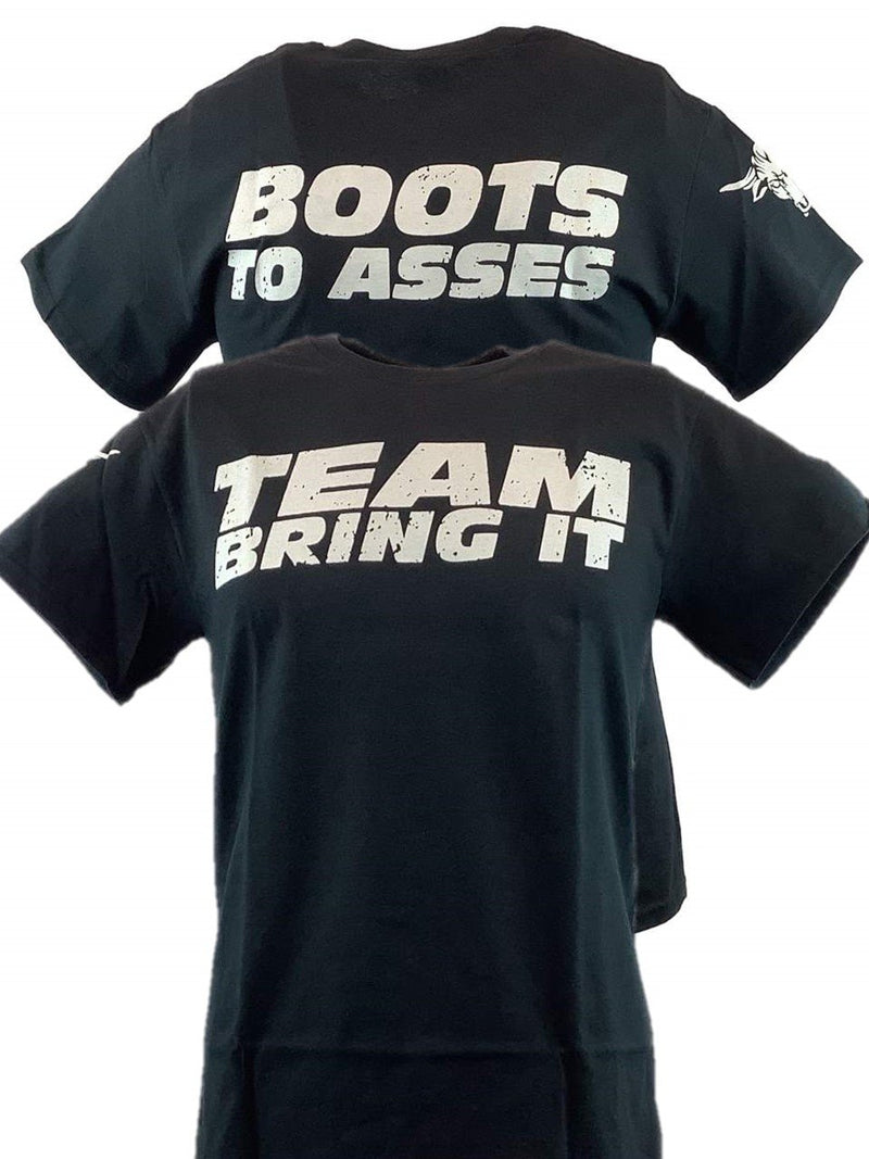 Load image into Gallery viewer, The Rock Team Bring It Boots to Asses Mens Black T-shirt Sports Mem, Cards &amp; Fan Shop &gt; Fan Apparel &amp; Souvenirs &gt; Wrestling by Hybrid Tees | Extreme Wrestling Shirts
