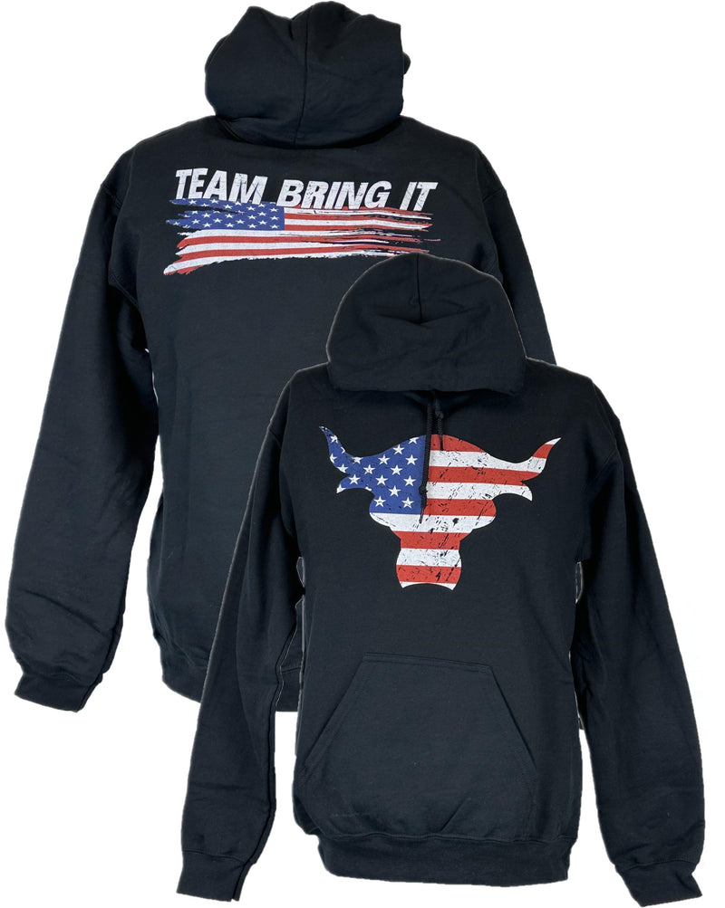 Load image into Gallery viewer, The Rock Team Bring It USA Bull Red White Blue Hoody Sweatshirt by WWE | Extreme Wrestling Shirts
