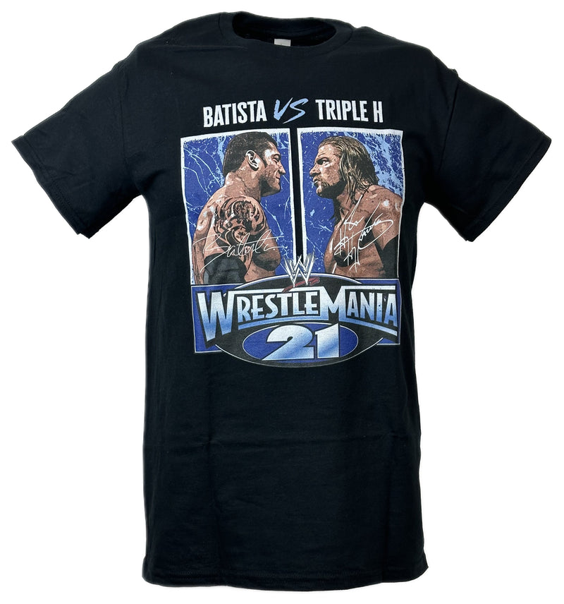 Load image into Gallery viewer, Triple H Vs Batista WrestleMania 21 Black T-shirt by EWS | Extreme Wrestling Shirts
