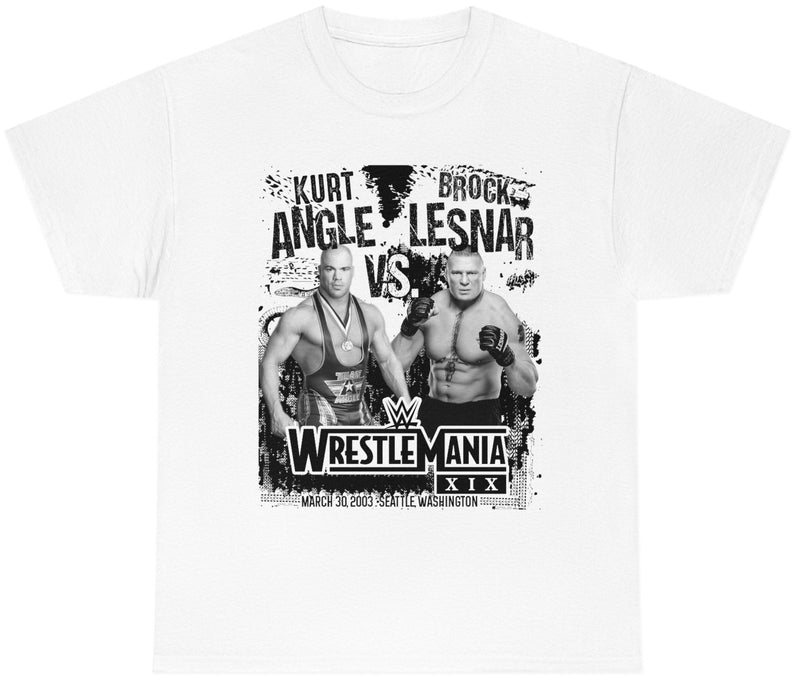 Load image into Gallery viewer, WrestleMania 19 XIX WWE Kurt Angle vs Brock Lesnar Mens White T-shirt Sports Mem, Cards &amp; Fan Shop &gt; Fan Apparel &amp; Souvenirs &gt; Wrestling by Extreme Wrestling Shirts | Extreme Wrestling Shirts
