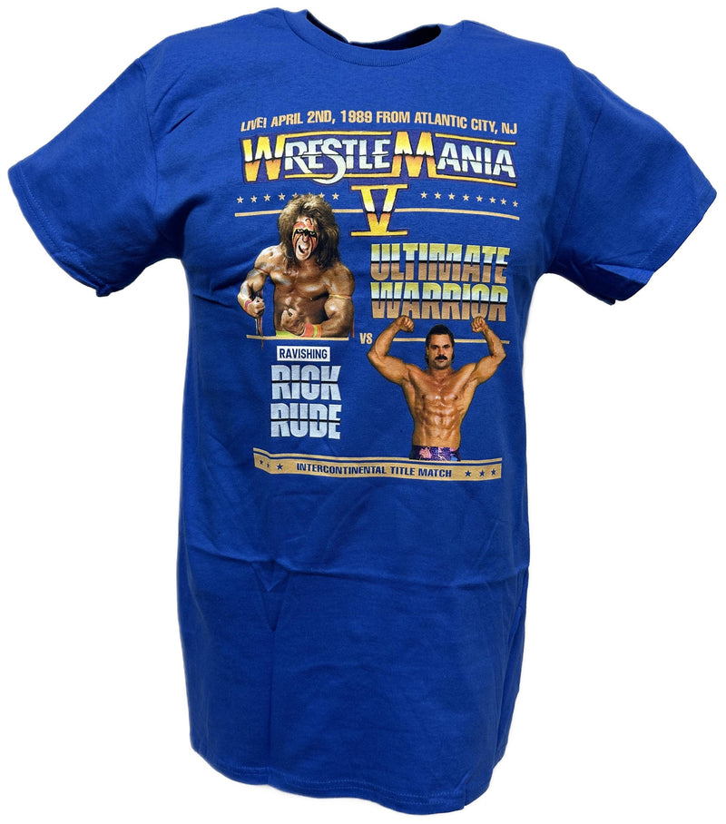 Load image into Gallery viewer, Wrestlemania 5 Ultimate Warrior vs Ravishing Rick Rude WWE Mens Blue T-shirt Sports Mem, Cards &amp; Fan Shop &gt; Fan Apparel &amp; Souvenirs &gt; Wrestling by WWE | Extreme Wrestling Shirts
