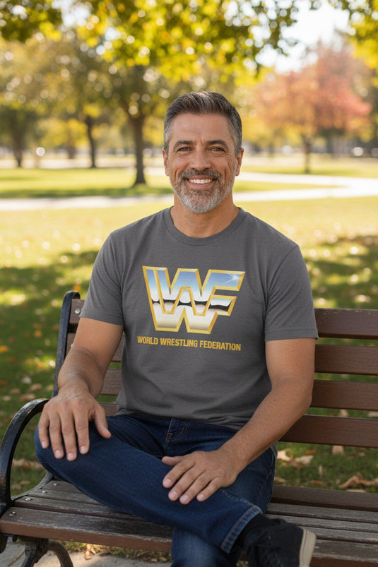 WWF Retro Gold Logo World Wrestling Federation Grey T-shirt by EWS | Extreme Wrestling Shirts