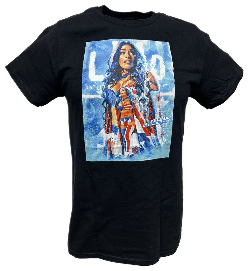 Load image into Gallery viewer, Zelina Vega Blue LWO Logo Backlash 2023 Poster Print Black T-shirt by EWS | Extreme Wrestling Shirts
