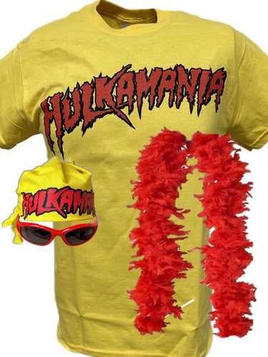 Hulk Hogan Hulkamania Yellow T-shirt Bandana Boa Glasses Costume