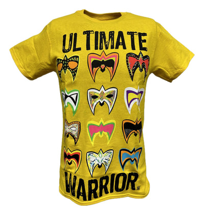 The Ultimate Warrior Multiple Masks Mens Yellow WWE T-shirt