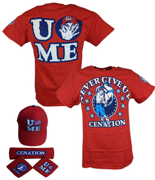John Cena Mens Red Costume Hat T-shirt Wristbands